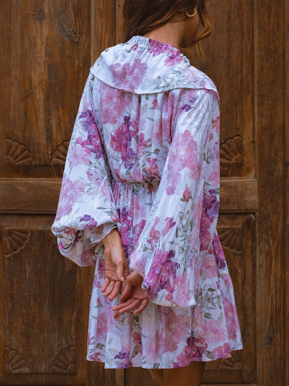 NWT BALI ELF Balloon Sleeve Ruffle V Neck Mini Dress Flowy Floral Alice US M - Picture 4 of 16